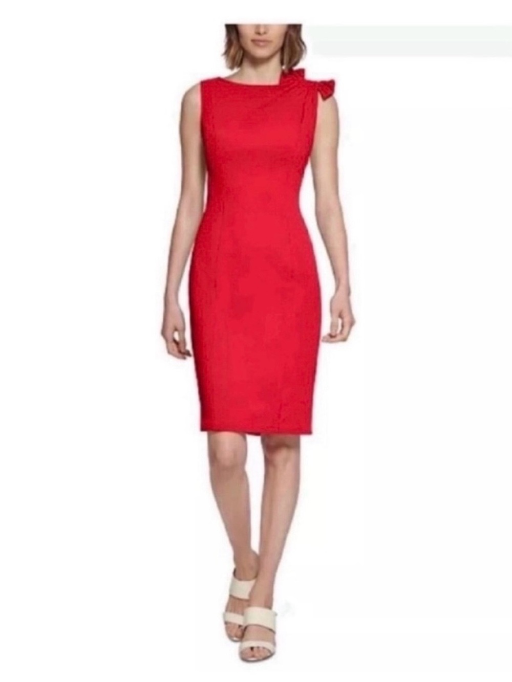 ❤️ NWT! Red CALVIN KLEIN Bow-Trim Boatneck Sheath Dress - Size 14